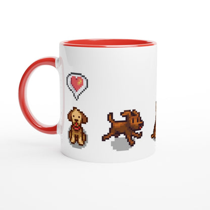 A white mug with a red handle and interior features pixel art of dogs from Stardew Valley alongside a heart emote.