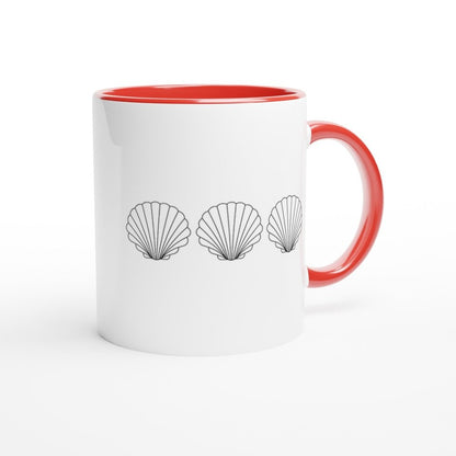 A white Demolition Man mug has a red interior and handle, displaying three black line drawings of seashells.