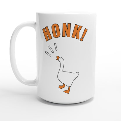 Large mug with 'Honk!' text and Untitled Goose Game illustration on a white background