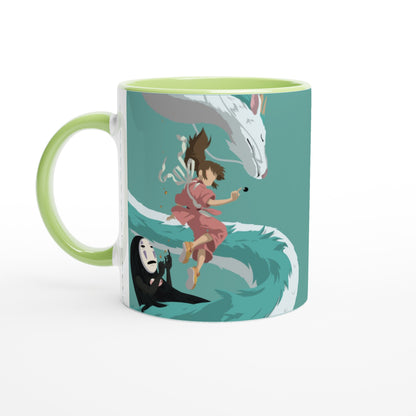 The ceramic mug depicts characters Haku, Chihiro, and No-Face from Studio Ghibli's Spirited Away in a stylized illustration.