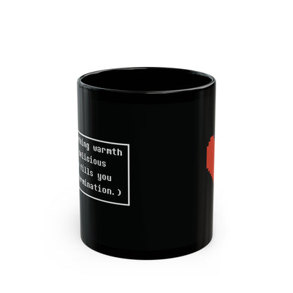 A black Undertale mug displays white text referencing determination and warmth against a red background.