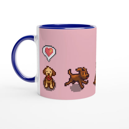 A white mug features pixel art of dogs from Stardew Valley alongside a heart emote on a pink background.