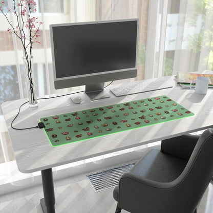 A rectangular LED gaming mouse pad featuring Stardew Valley animals against a green background sits on a desk next to a computer monitor and other office supplies.