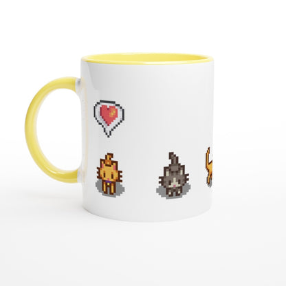 A white mug with a yellow handle and rim features pixelated graphics of ginger and tabby cats and emotes from Stardew Valley.
