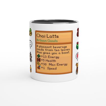 This Stardew Drinks Pattern Mug features a pixelated design of a Chai Latte beverage card with details about its effects.