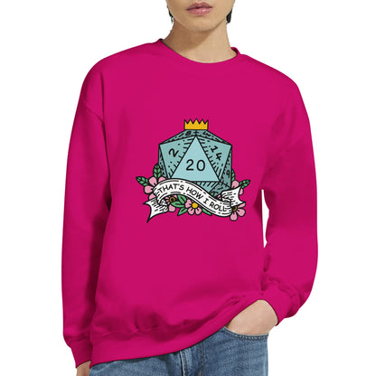 A person wears a Gildan® D&D crewneck sweatshirt featuring an illustration of a twenty-sided die with floral accents and the phrase "That's How I Roll.