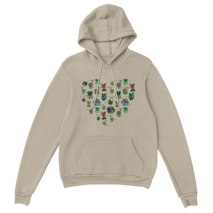 A beige hoodie features a heart-shaped pattern of Korok characters from The Legend of Zelda: Tears of the Kingdom and Breath of the Wild.