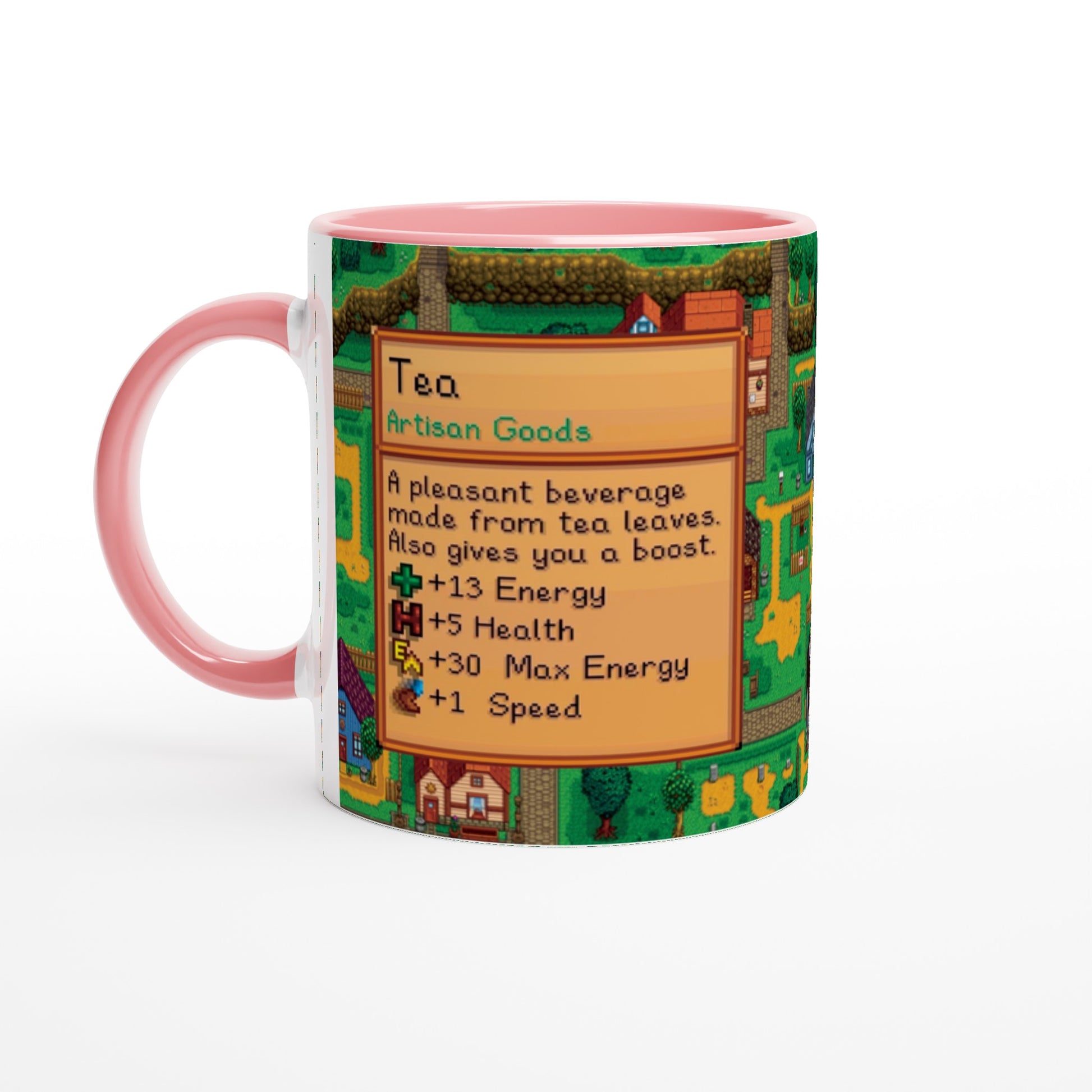 This Stardew custom tea mug features a pink handle and depicts an item card for "Tea" with pixelated graphics from the game.
