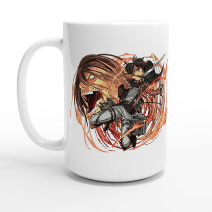 The white ceramic mug displays an illustration of Eren Yeager from Attack on Titan wielding a sword and grappling hook amidst fiery orange lines.