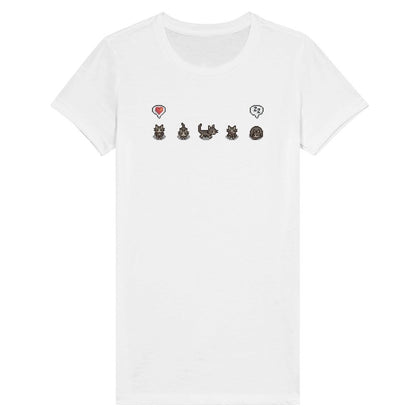 A grey Stardew Valley T-shirt displays a row of pixelated cats and emotes across the chest.