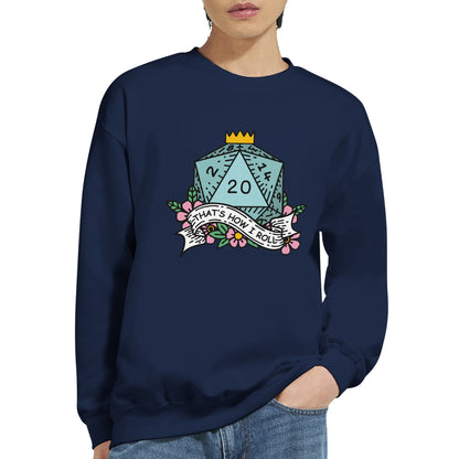 A person wearing a Gildan® D&D crewneck sweatshirt features a graphic of a twenty-sided die, labeled "That's How I Roll," surrounded by flowers and leaves.