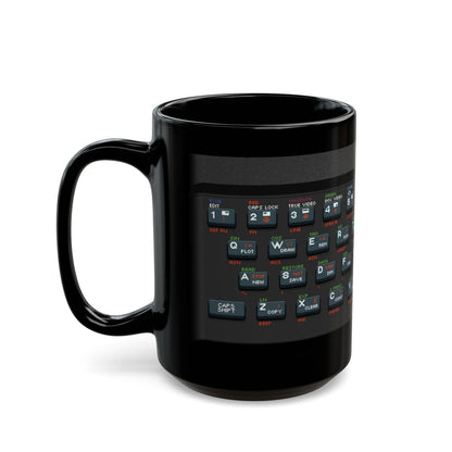 A black mug features pixel art graphics resembling a Retro Spectrum keyboard layout.