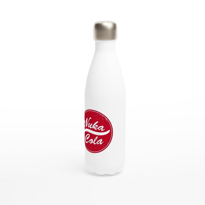 A white insulated water bottle displays a distressed Nuka-Cola logo from the Fallout video game series.