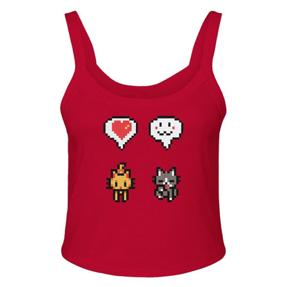 A red Stardew Cats tank top features pixel art icons of a heart, speech bubble, flame, and cat.