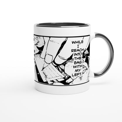 A black and white ceramic mug displays a panel from the Deathnote manga featuring a hand reaching into a bag with text reading "WHILE I REACH INTO THE BAG WITH MY LEFT.