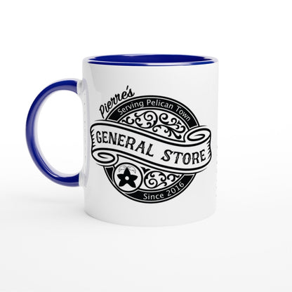 A white ceramic mug with a blue handle and rim features a vintage-style logo for Pierre's General Store of Pelican Town from Stardew Valley.