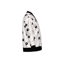 Spirited Away cardigan with Soot Sprites knitted pattern and black trim on a white background