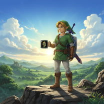 Link from The Legend of Zelda: Tears of the Kingdom holds a Sheikah Mug displaying an illustration against a scenic landscape backdrop.
