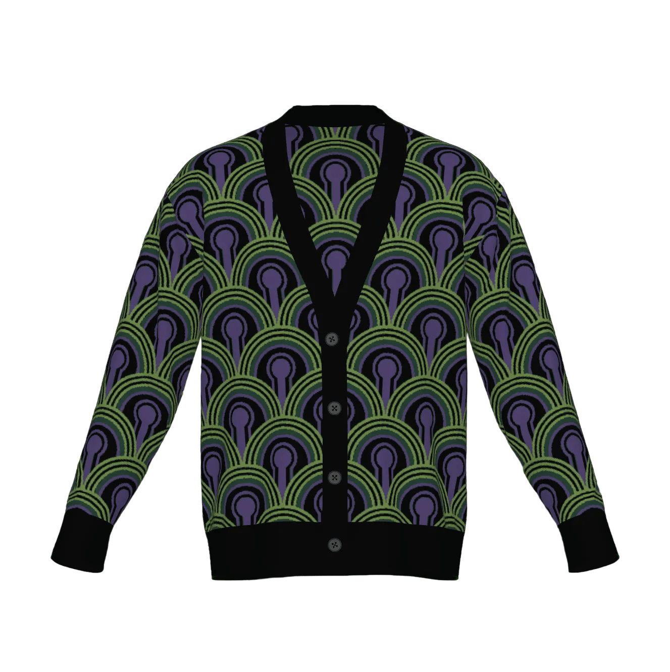 Room 237 Wallpaper pattern cardigan from The Overlook Hotel In Stephen King's The Shining. Green, purple and black knitwear on a white background.