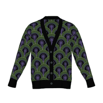 Room 237 Wallpaper pattern cardigan from The Overlook Hotel In Stephen King's The Shining. Green, purple and black knitwear on a white background.