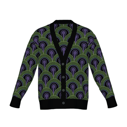 Room 237 Wallpaper pattern cardigan from The Overlook Hotel In Stephen King's The Shining. Green, purple and black knitwear on a white background.