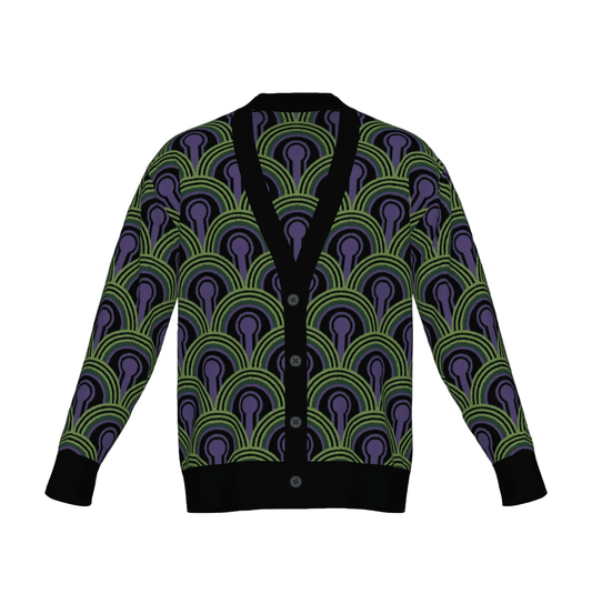 Room 237 Wallpaper pattern cardigan from The Overlook Hotel In Stephen King's The Shining. Green, purple and black knitwear on a white background.