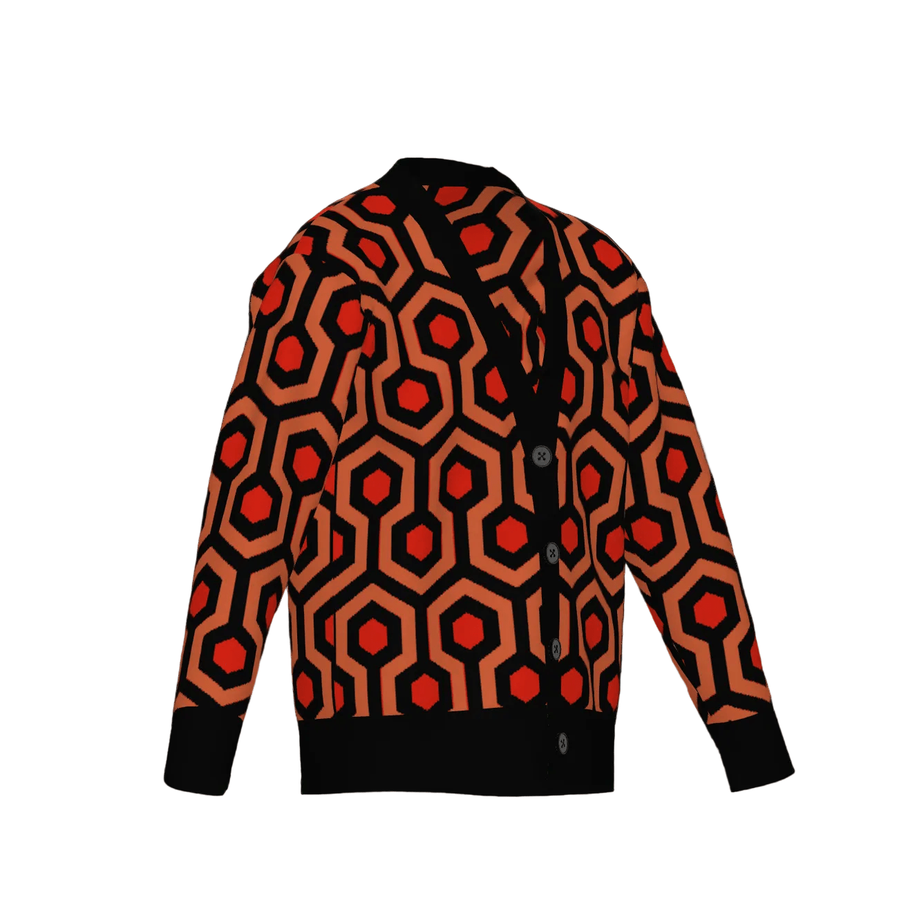 Overlook Hotel carpet pattern, orange red and black knitted cardigan on white background