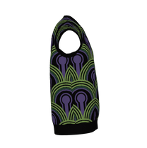 A v-neck knitted sweater vest featuring a purple, green, and black Room 237 wallpaper pattern inspired by horror films.