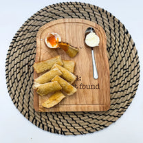 A rubberwood breakfast board featuring a soft-boiled egg and toast soldiers, engraved with the text 404: Toast Not Found.