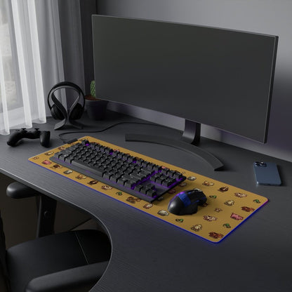 A Stardew Valley desk mat with pixel art of animals sits on a gaming setup featuring a keyboard with LED lighting and a computer mouse.