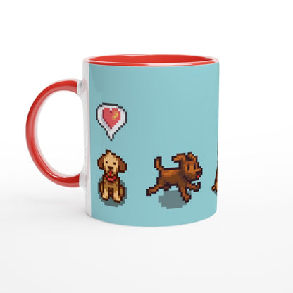 A white mug features pixel art of dogs from Stardew Valley alongside a heart emote.