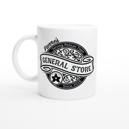 A white ceramic mug displays a black and gold logo for Pierre's General Store of Pelican Town from Stardew Valley.