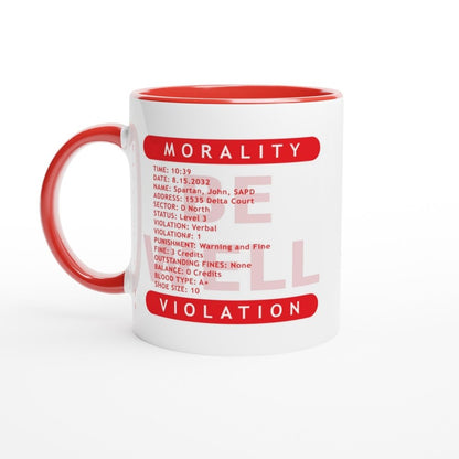 A white ceramic mug displays a red border and graphic resembling a "Morality Violation Ticket" from the movie Demolition Man, featuring details like time, name, and violation type.
