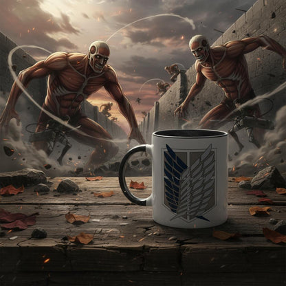An Attack on Titan mug displays the Wings of Freedom symbol alongside an illustration of characters using their abseiling gear during a battle scene.