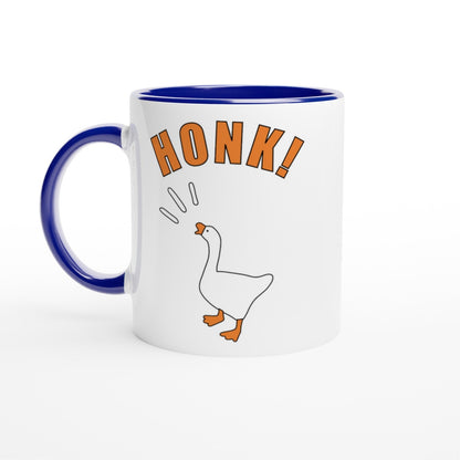 Mug with 'Honk!' text and Untitled Goose Game illustration on a white background
