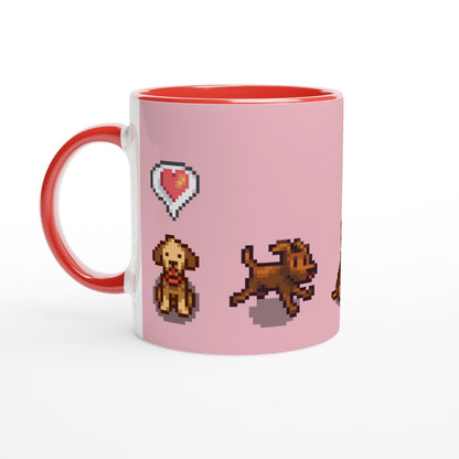 A white mug with a red handle features pixel art of two dogs and a heart from Stardew Valley.