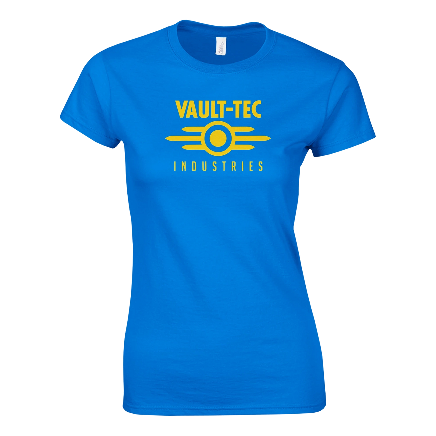 Blue t-shirt with yellow 'Vault-Tec Industries' logo on a white background