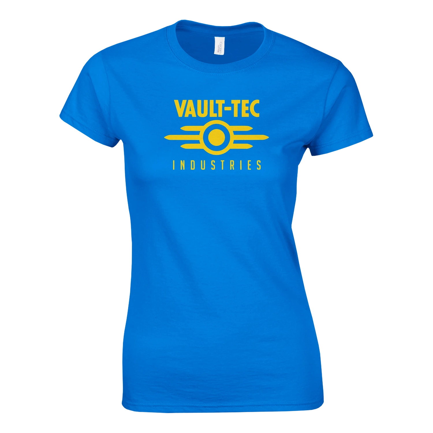 Blue t-shirt with yellow 'Vault-Tec Industries' logo on a white background