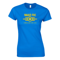 Blue t-shirt with yellow 'Vault-Tec Industries' logo on a white background
