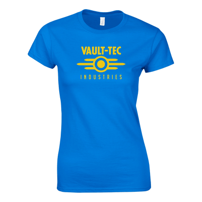 Blue t-shirt with yellow 'Vault-Tec Industries' logo on a white background