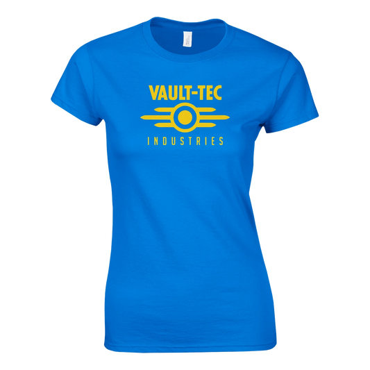 Blue t-shirt with yellow 'Vault-Tec Industries' logo on a white background