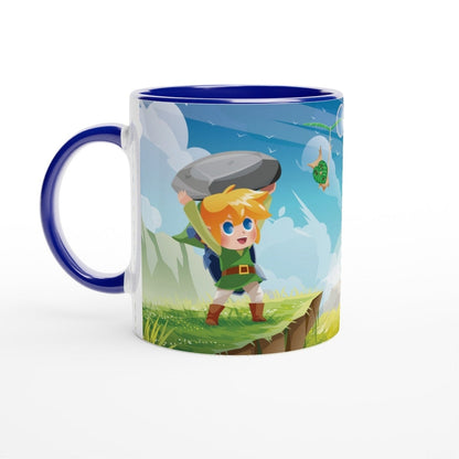 A ceramic mug depicts a chibi Link from The Legend of Zelda lifting a rock while a Korok flies nearby.