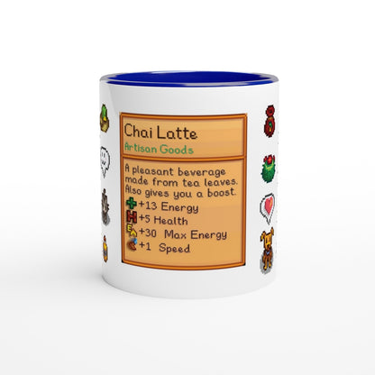 A white mug displays a Stardew Drinks pattern featuring a Chai Latte card with pixelated sprites and details about its effects.