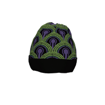 A knitted beanie hat featuring a green and purple Room 237 wallpaper pattern inspired by The Shining.