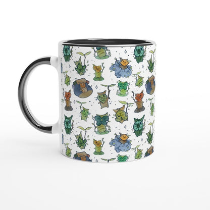 A white ceramic mug with a black handle and rim features an all-over pattern of Korok characters from The Legend of Zelda: Breath of the Wild and Tears of the Kingdom.