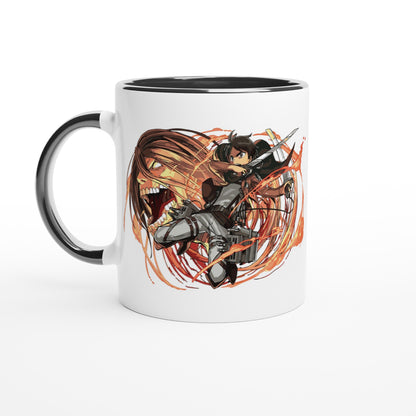 The white ceramic mug depicts Eren Yeager from Attack on Titan wielding a sword against a background of an angry titan.