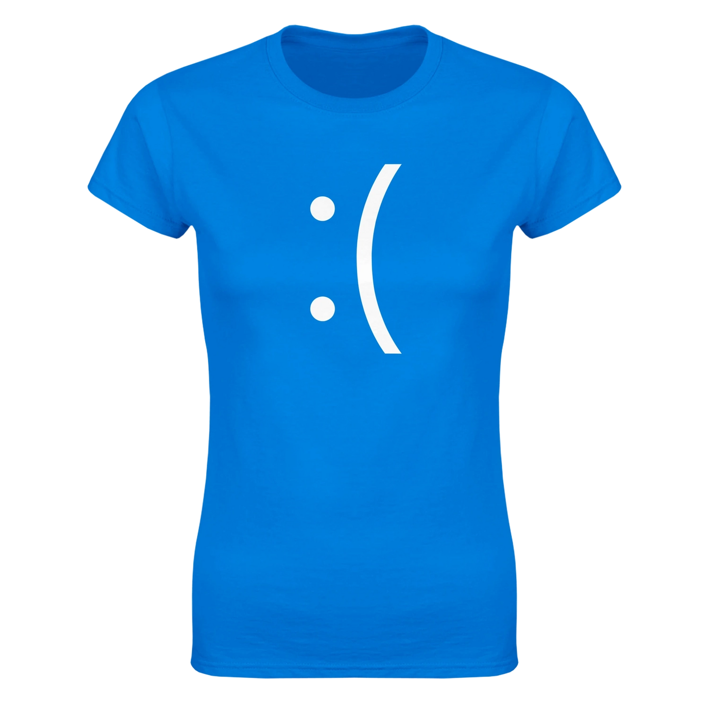 A blue ladies fit tee displays a white sad face emoticon referencing the Blue Screen of Death error message.