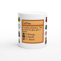 A white mug displays a Stardew Drinks pattern featuring a pixelated card labeled "Coffee" with details about its effects.