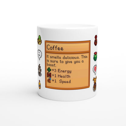 A white mug displays a Stardew Drinks pattern featuring a pixelated card labeled "Coffee" with details about its effects.
