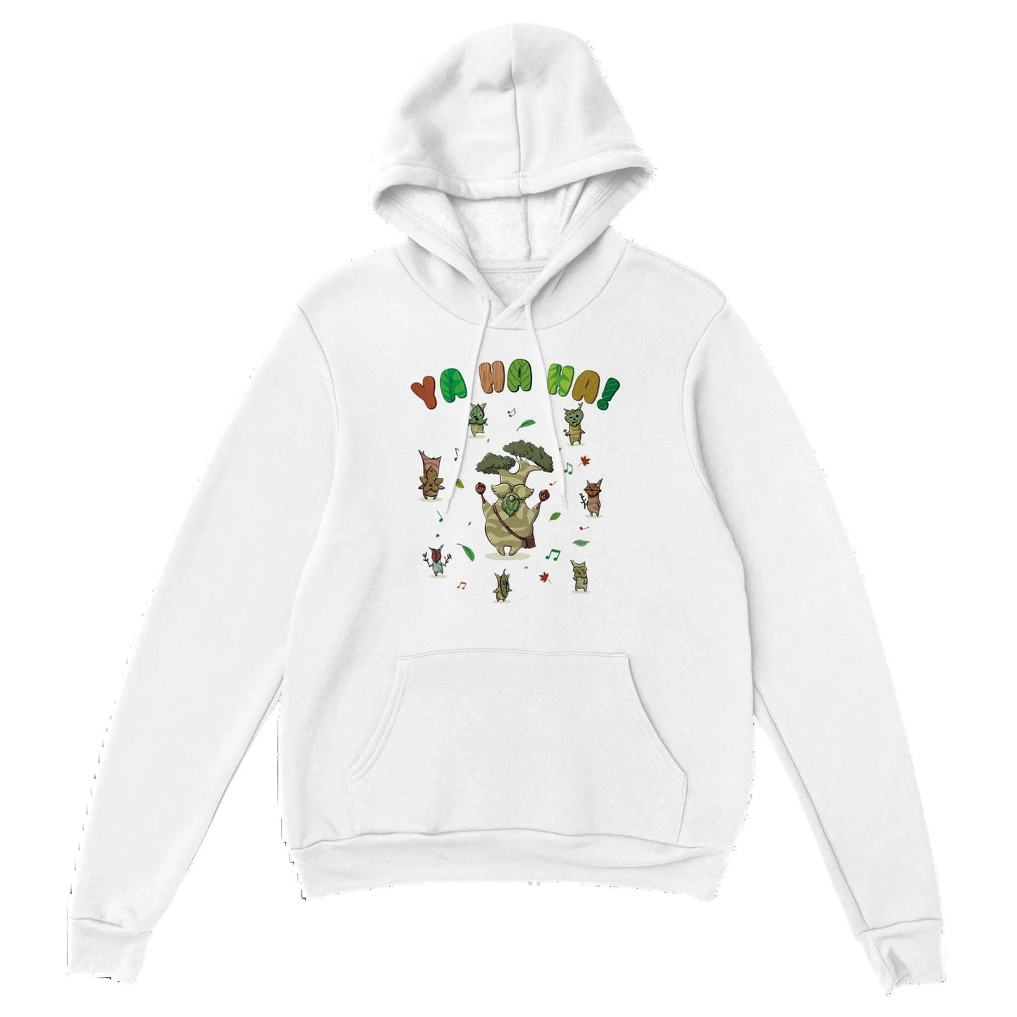 White Zelda hoodie with a colorful Hestu and Koroks graphic design on a white background